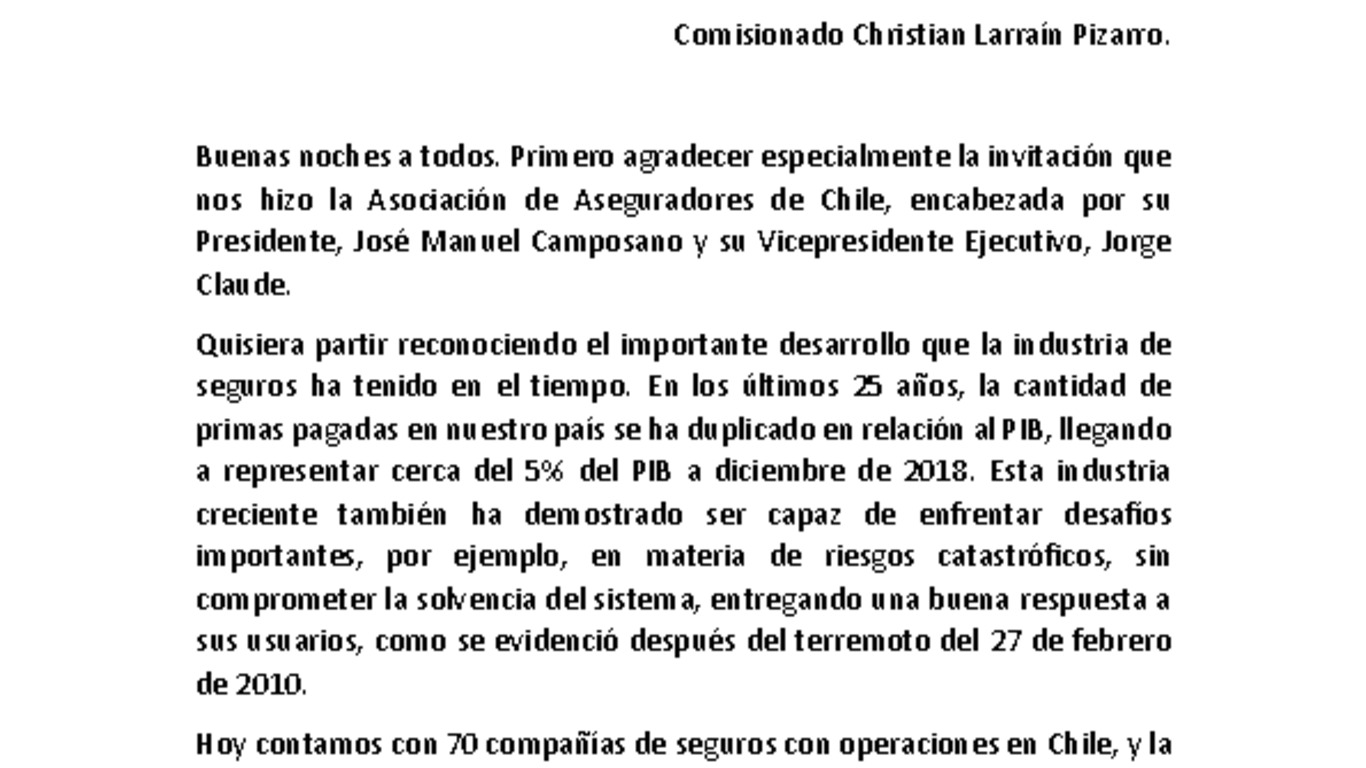 Discurso "Cuenta Anual Industria Aseguradora" - Christian Larraín Pizarro, Comisionado.