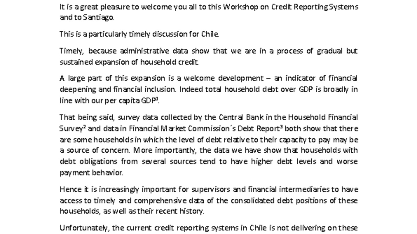 Discurso "Workshop on Credit Reporting Systems in the Age of the Digital Economy and New Technologies, and its impact on Financial Inclusion" - Kevin Cowan