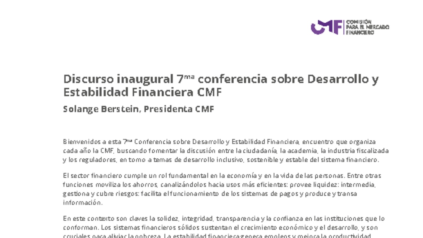 Discurso inaugural 7ma conferencia sobre Desarrollo y Estabilidad Financiera CMF