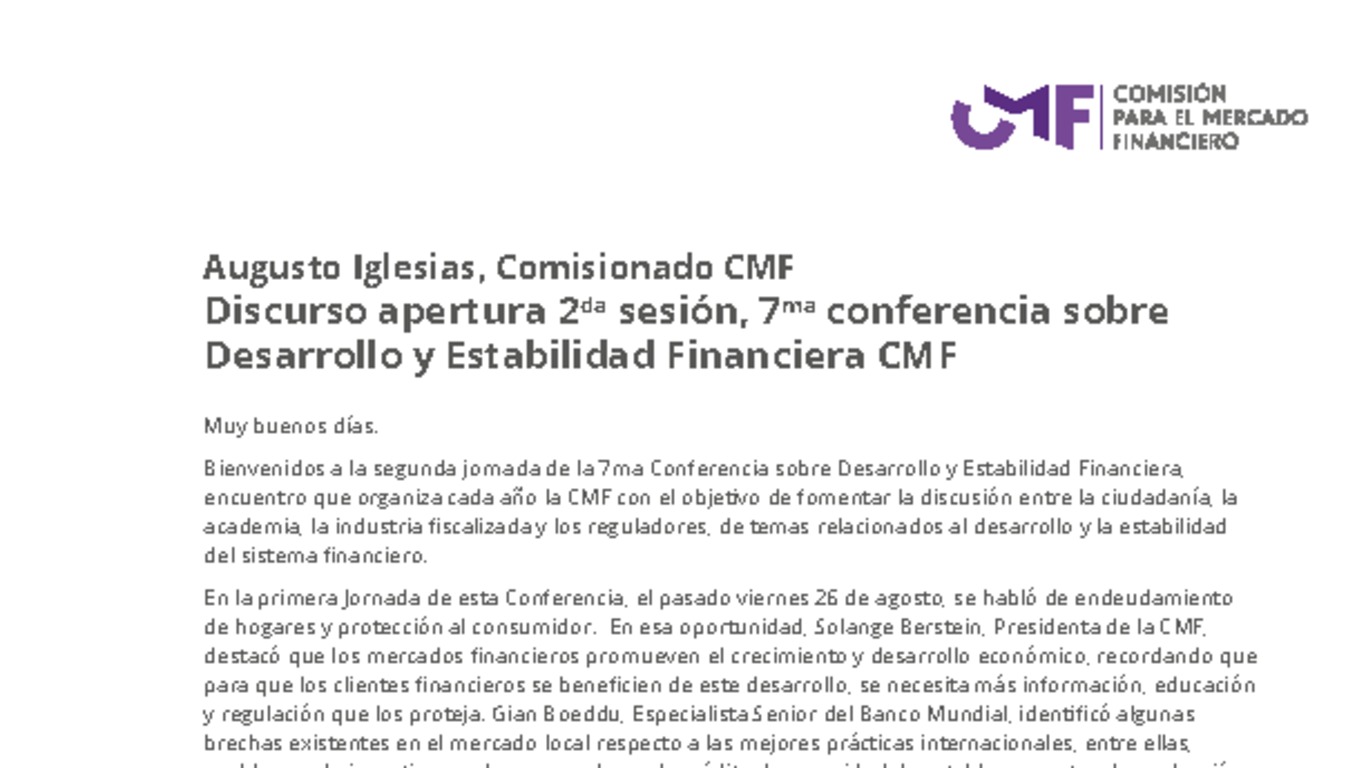 Discurso apertura 2da sesión, 7ma conferencia sobre Desarrollo y Estabilidad Financiera CMF.