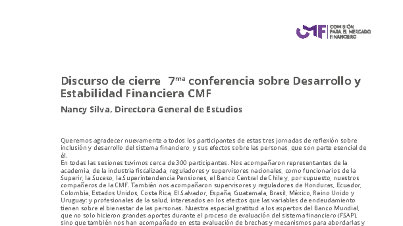 Discurso de cierre 7ma conferencia sobre Desarrollo y Estabilidad Financiera CMF