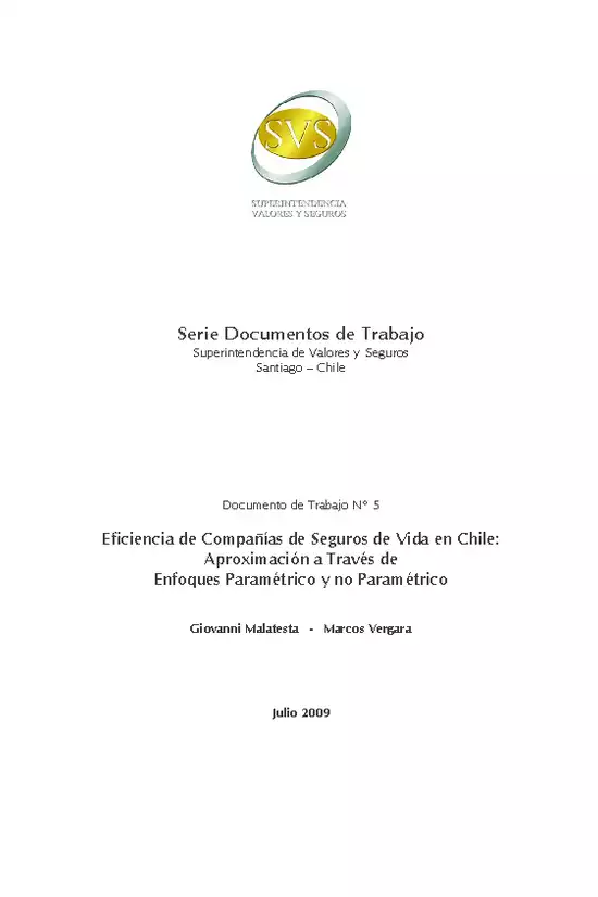 Documento N° 5- Eficiencia de Compañías de Seguros de Vida en Chile: Aproximación a través de enfoques paramétrico y no paramétrico. Giovanni Malatesta - Marcos Vergara.