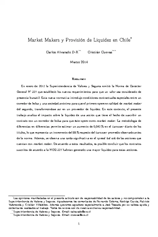 Documento de Trabajo: Market Makers y Provisión de Liquidez en Chile. Carlos Alvarado - Cristián Cuevas.