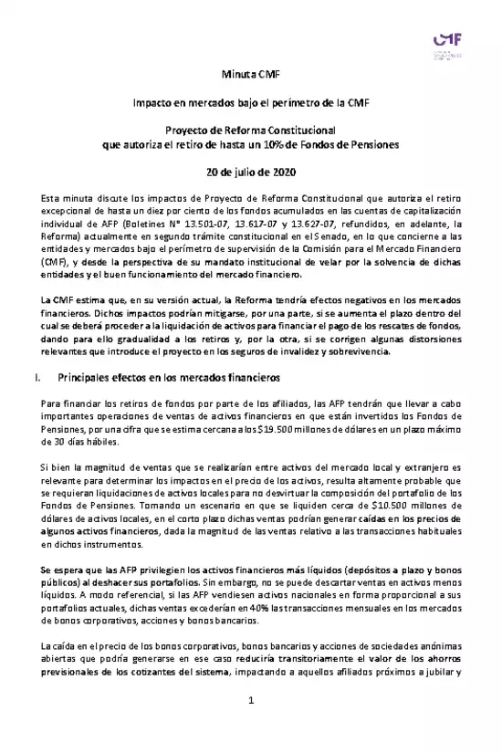 Minuta CMF - Impacto en mercados bajo el perímetro de la CMF. Proyecto de Reforma Constitucional que autoriza el retiro de hasta un 10% de Fondos de Pensiones (20 de julio de 2020)