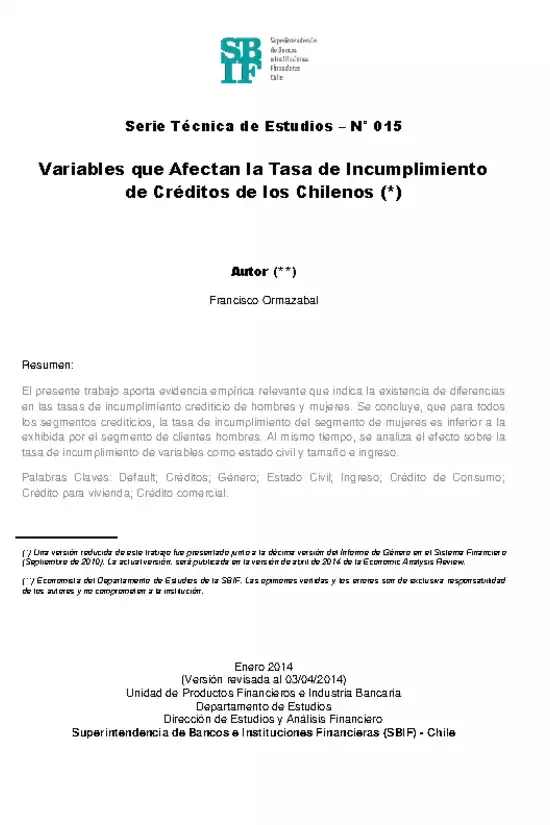 Serie Técnica de Estudios: Variables que afectan la tasa de incumplimiento de créditos de los chilenos