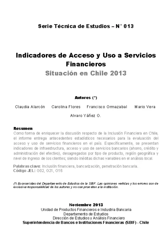 Serie Técnica de Estudios: Estudio acerca de Inclusión Financiera en Chile