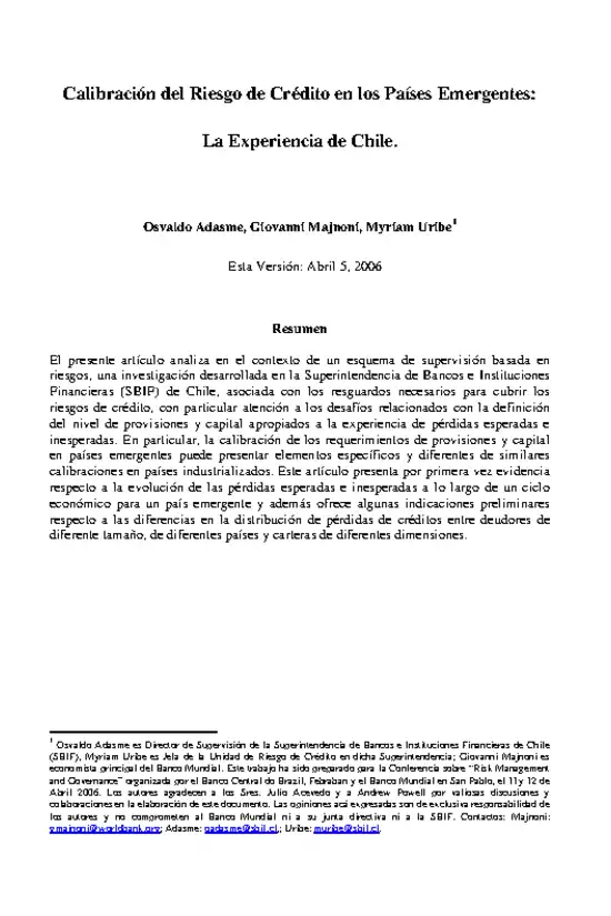 Calibración del Riesgo de Crédito en los Países Emergentes: La Experiencia de Chile.