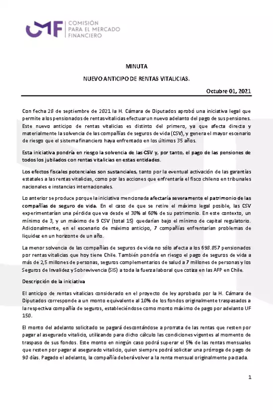 Minuta: Nuevo anticipo de Rentas Vitalicias