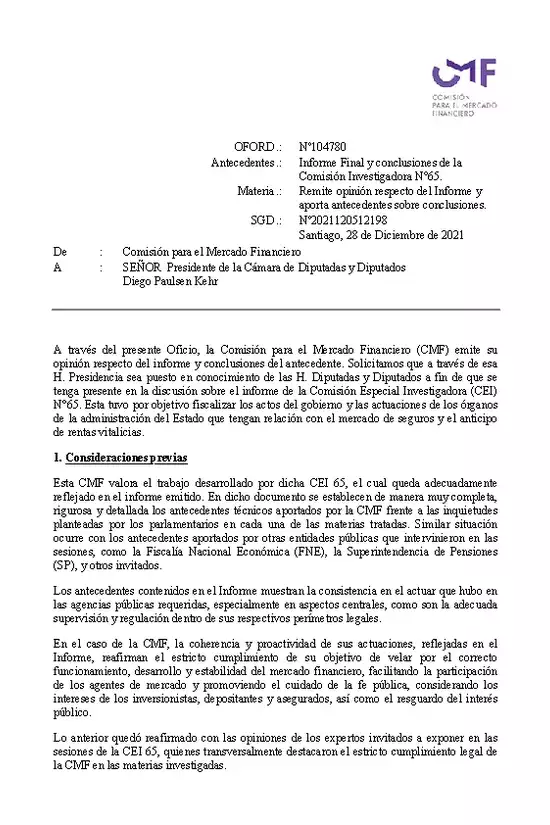 Oficio a Cámara de Diputados: Opinión de la CMF a Informe y conclusiones de la Comisión Especial Investigadora N° 65