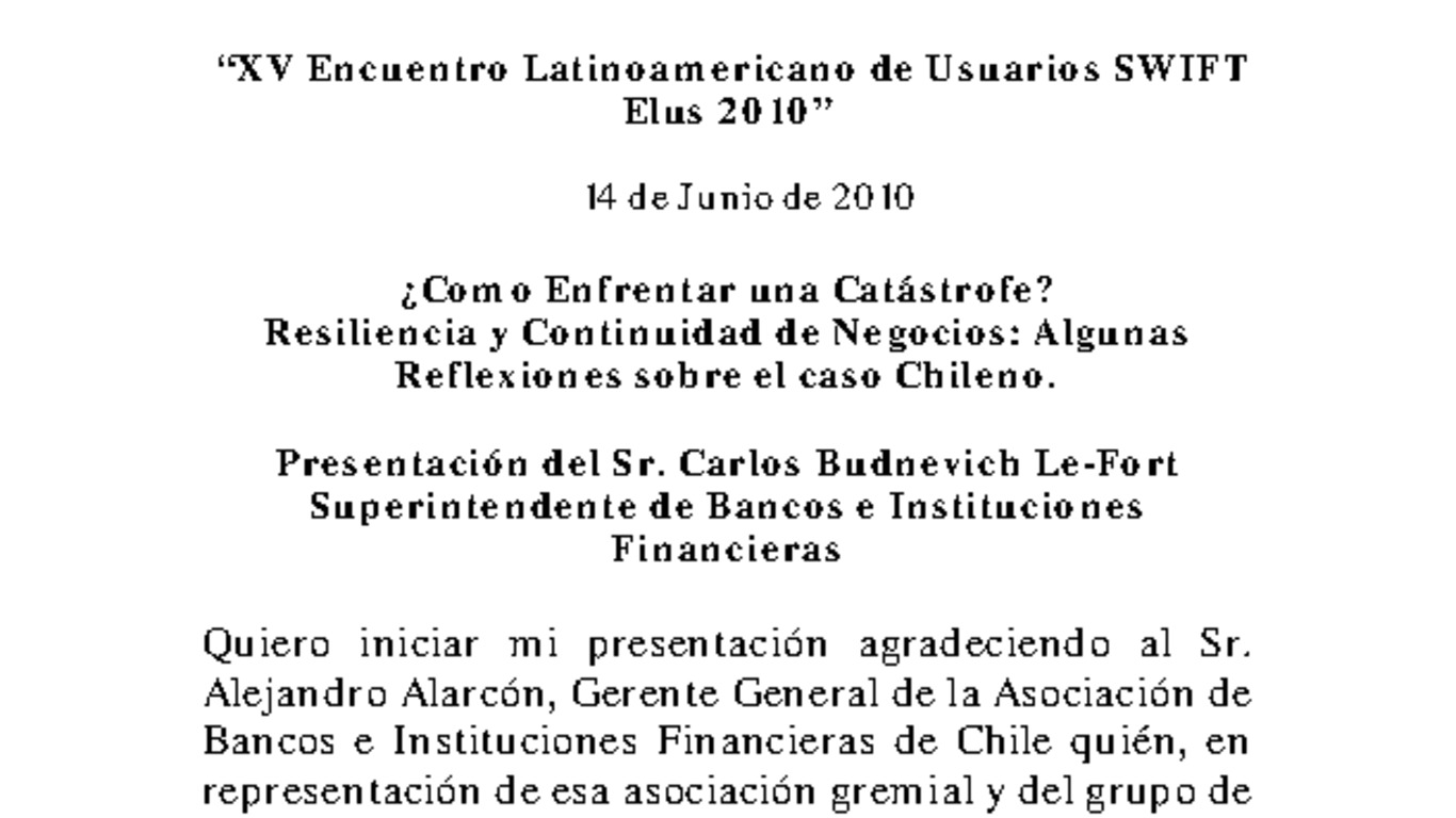 Presentación: Discurso del Superintendente en XV Encuentro Latinoamericano de Usuarios SWIFT ELUS 2010