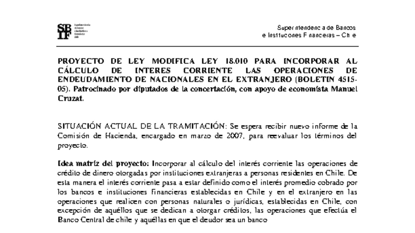 Presentación del Superintendente ante Comisión de Hacienda por modificación Ley 18.010