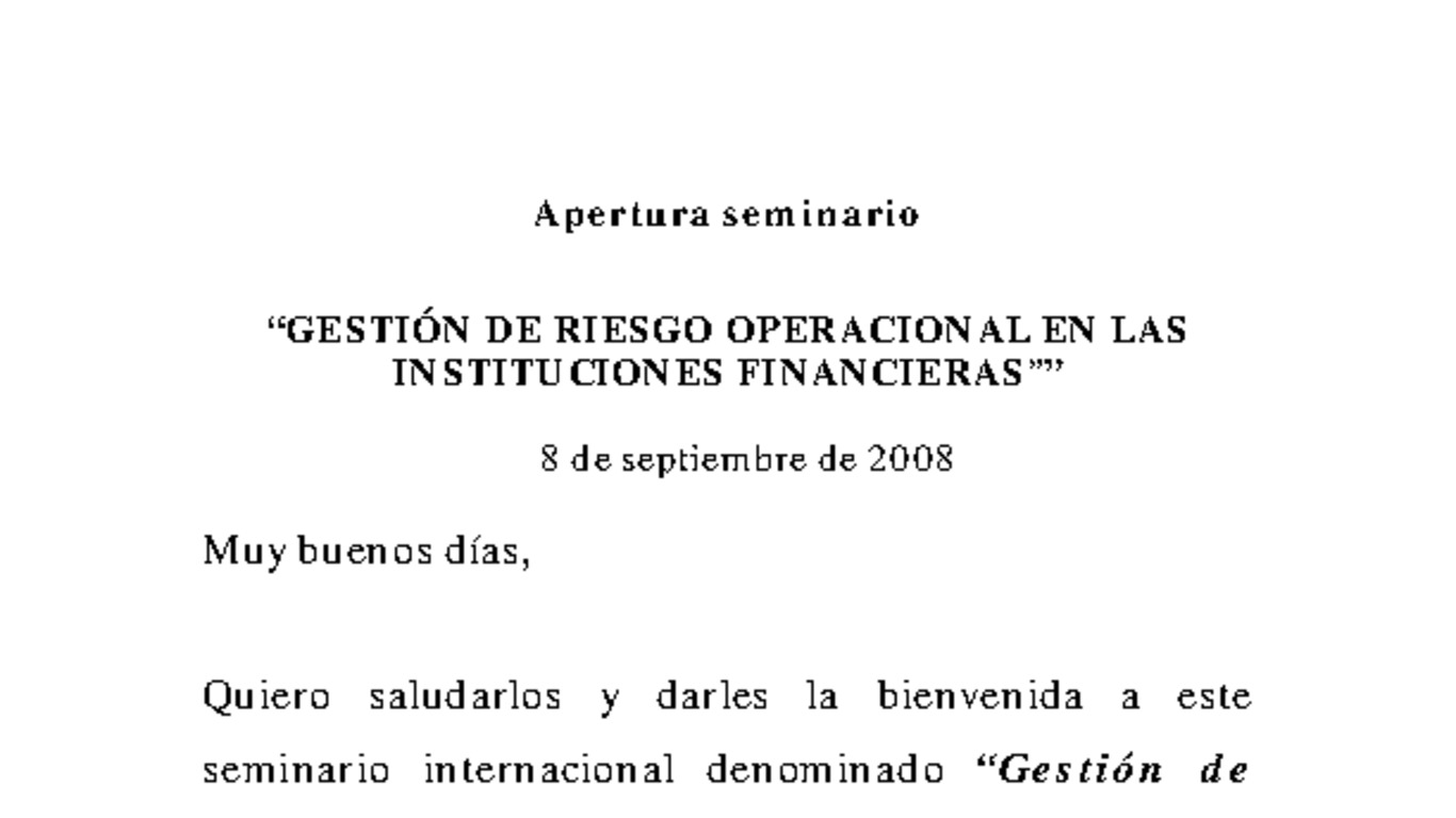 Discurso del Superintendente en inauguración de seminario sobre Gestión del Riesgo Operacional