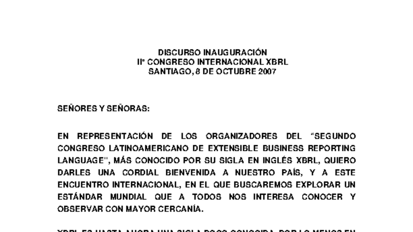 Discurso del Superintendente en inauguración del II Congreso Latinoamericano de XBRL