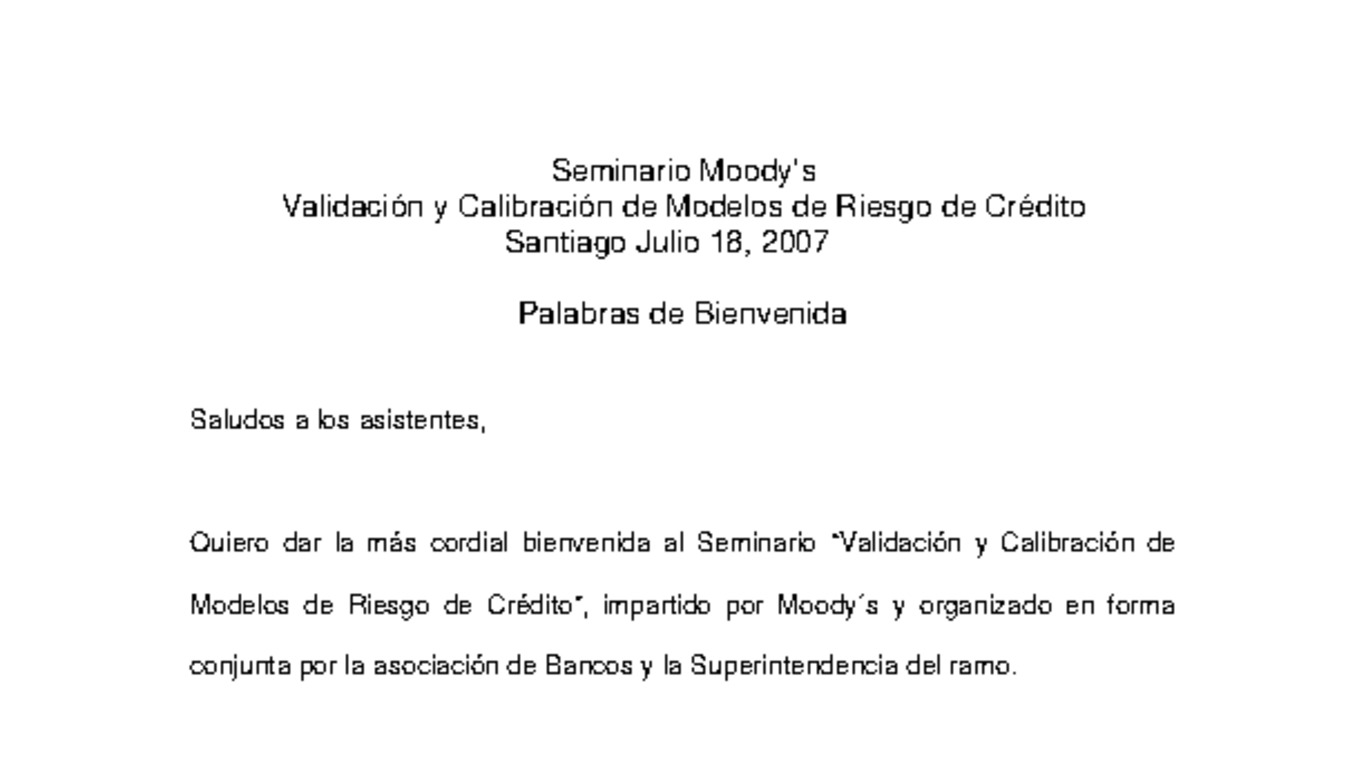 Discurso Superintendente en Seminario sobre Modelos de Riesgo de Crédito