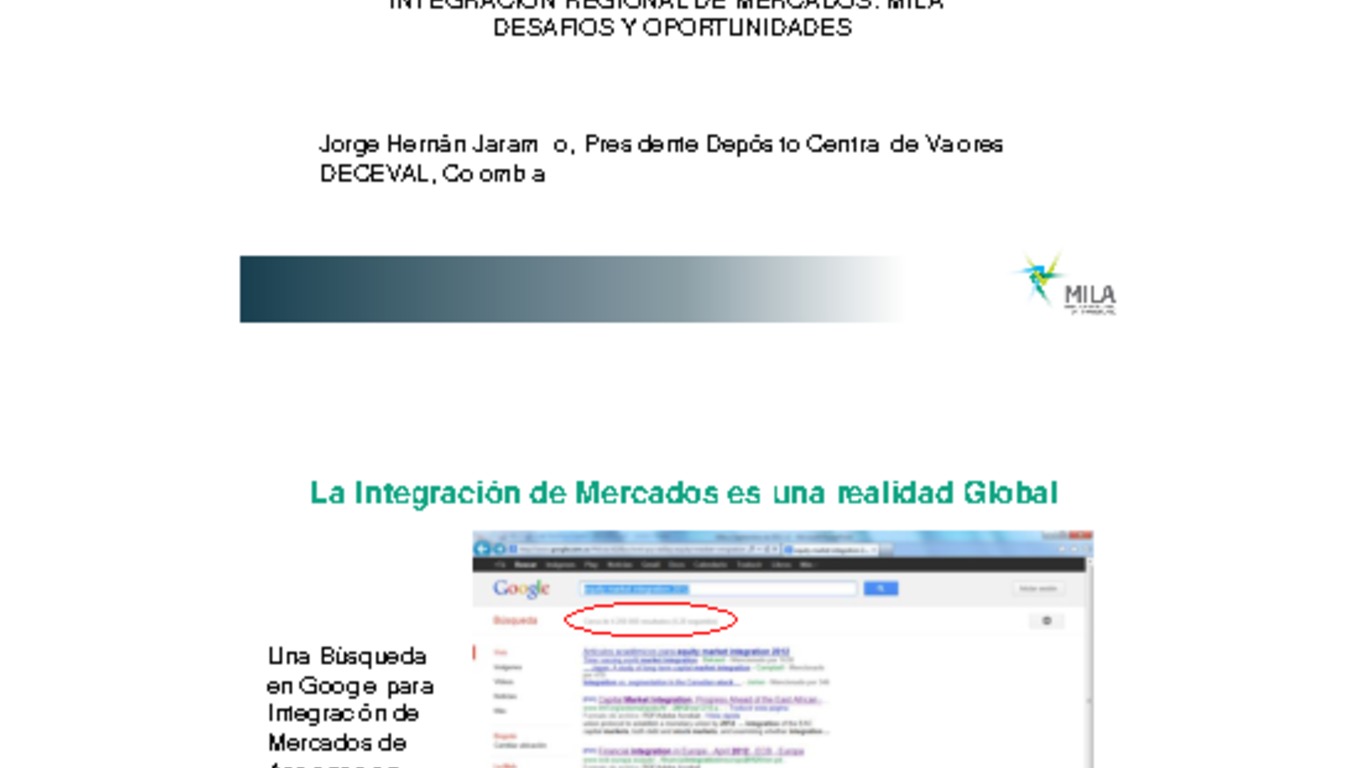 Conferencia Anual EMC - IOSCO 2012 - ICARE. Presentación "Integración Regional de Mercados: MILA Desafíos y Oportunidades" Jorge Jaramillo, Presidente del Depósito Central de Valores de Colombia. 21 de noviembre 2012.