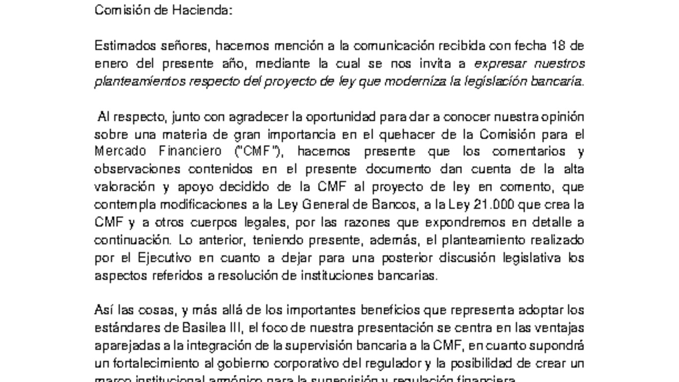 Presentación "Sobre Proyecto de ley que moderniza la Legislación Bancaria" - Consejo de la CMF