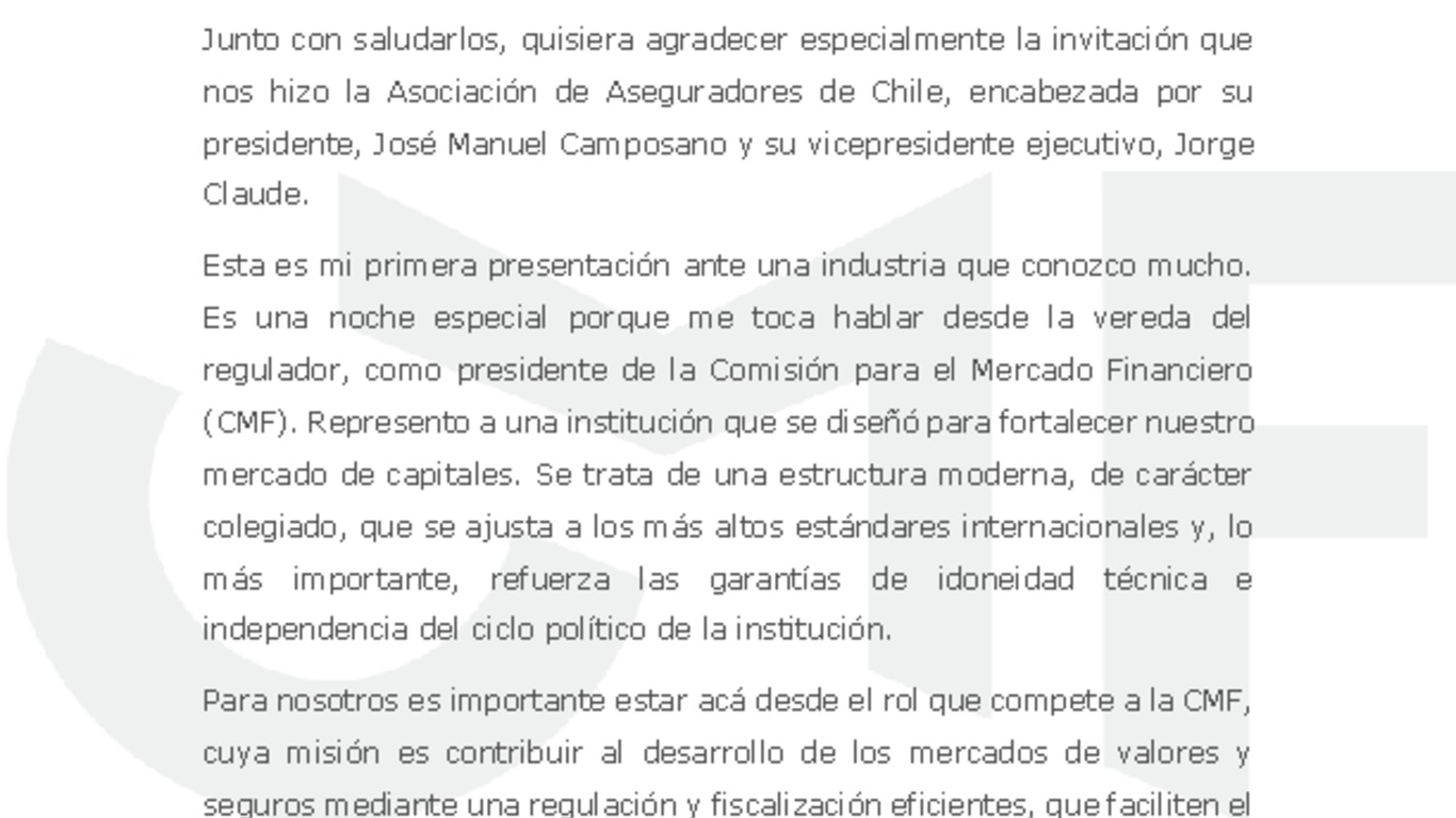 Discurso "Cuenta Anual Industria Aseguradora" - Joaquín Cortez
