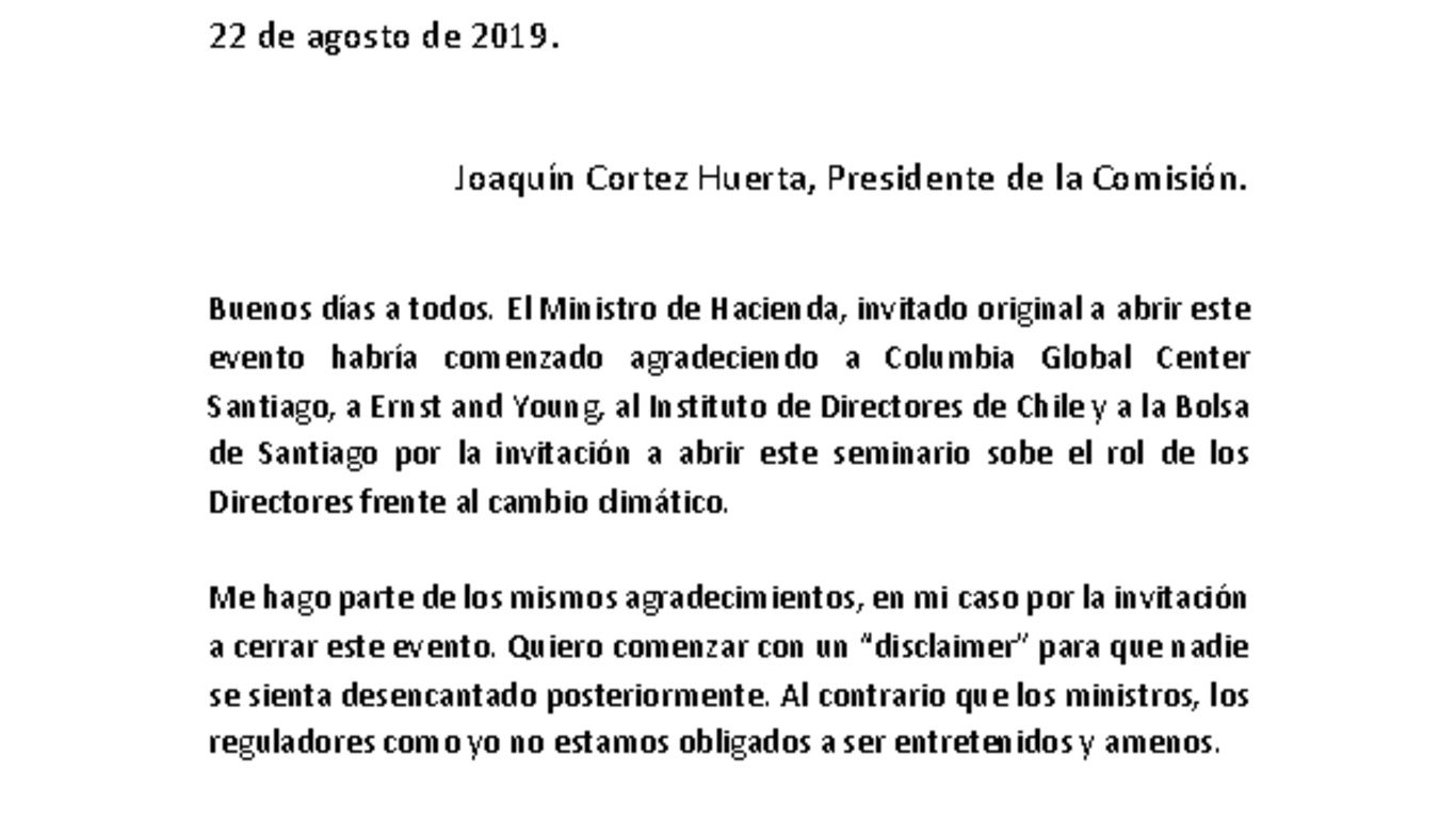 Presentación "Rumbo a COP25: Cómo enfrentar el riesgo climático desde el Directorio" - Joaquín Cortez Huerta, Presidente de la Comisión.