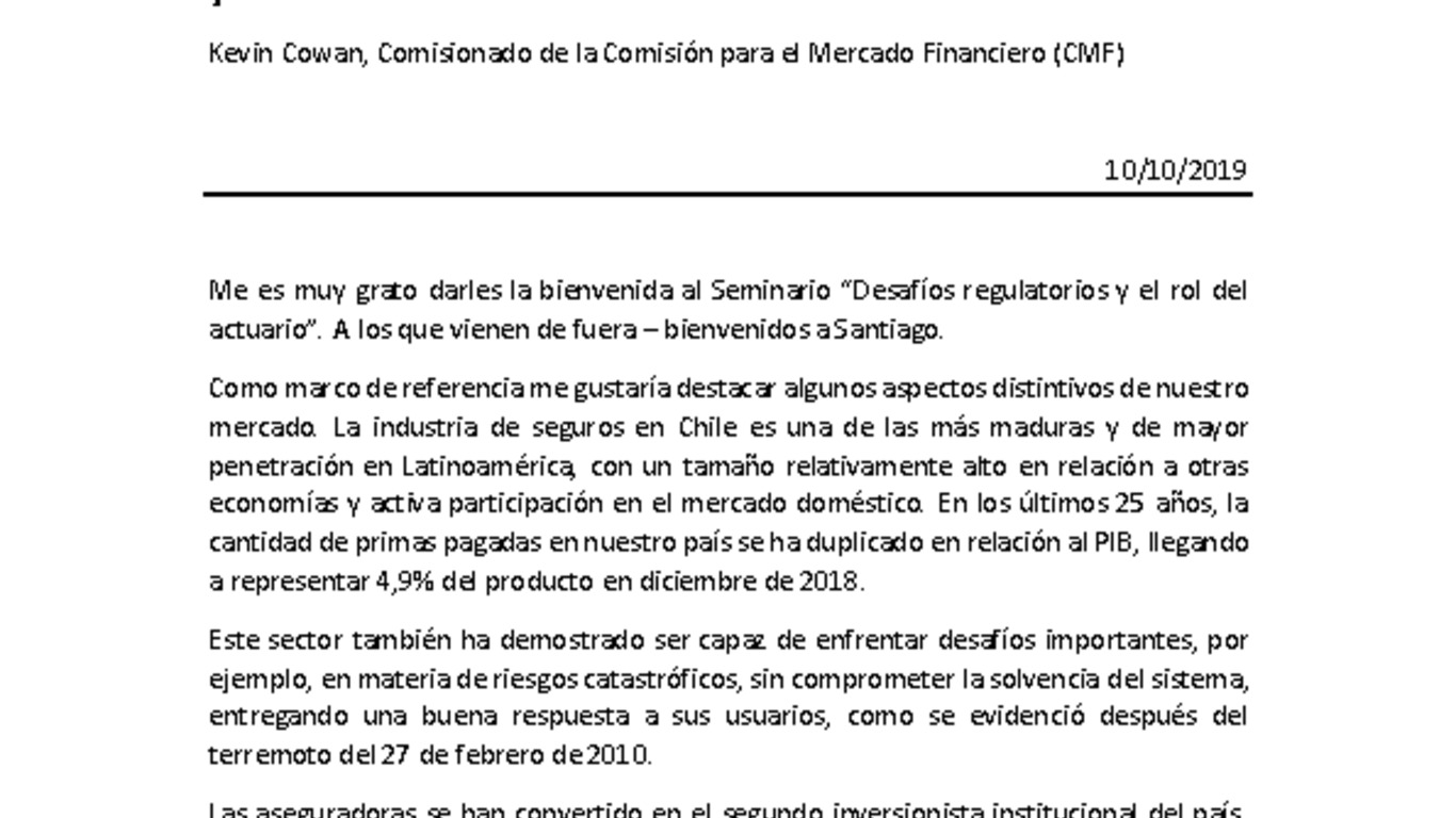 Discurso "Seminario Desafíos Regulatorios y el rol del actuario" - Kevin Cowan