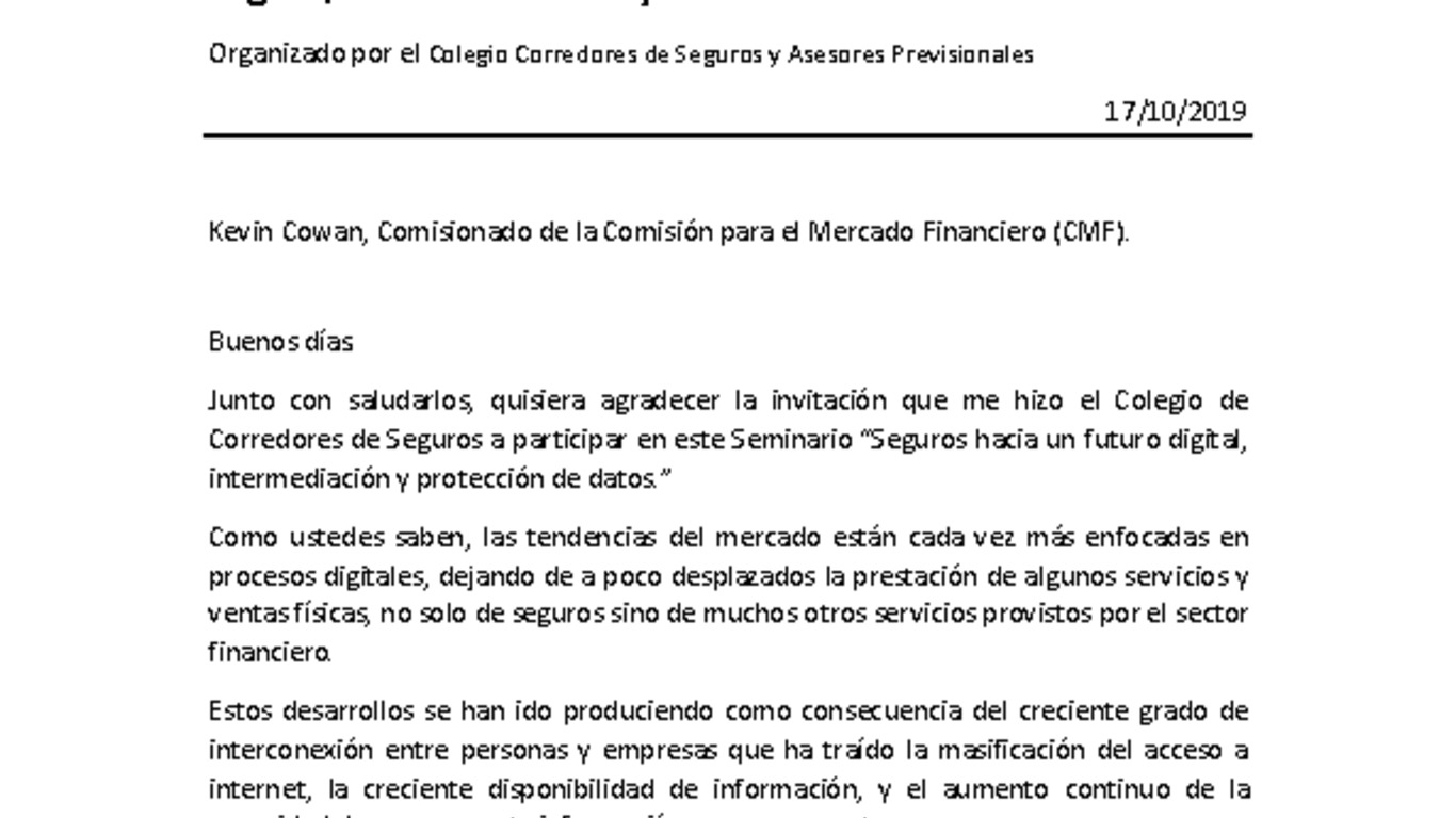 Discurso "Seminario 2019: Seguros hacia un Futuro Digital, Intermediación y Protección de Datos" - Kevin Cowan