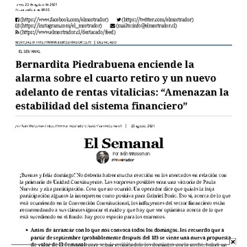 Comisionada Bernardita Piedrabuena, enciende la alarma sobre el cuarto retiro y un nuevo adelanto de rentas vitalicias