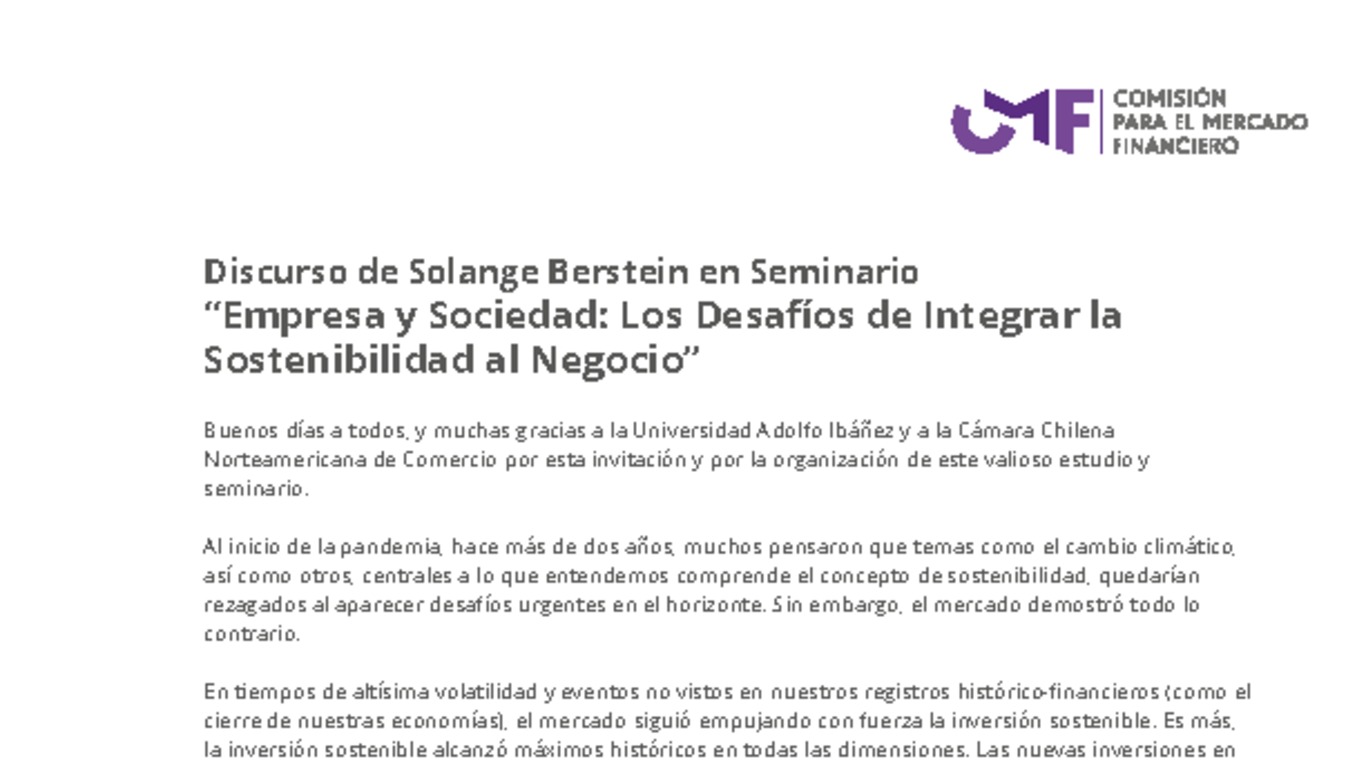 Discurso de Solange Berstein en Seminario “Empresa y Sociedad: Los Desafíos de Integrar la Sostenibilidad al Negocio”