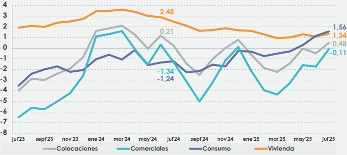 Gráfico: Colocaciones, total y por tipo de cartera, Bancos (variación real anual, porcentaje)