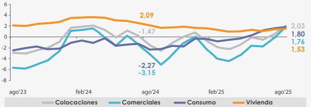 Gráfico: Colocaciones, total y por tipo de cartera, Bancos (variación real anual, porcentaje)