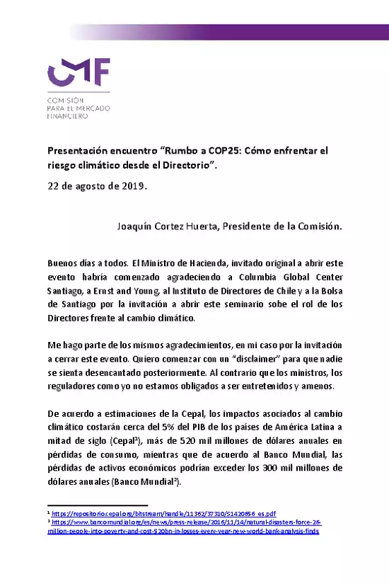 Presentación "Rumbo a COP25: Cómo enfrentar el riesgo climático desde el Directorio" - Joaquín Cortez Huerta, Presidente de la Comisión.